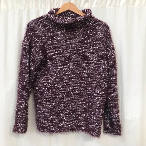 Loft Burgundy Wine Lavender White Mock Turtleneck Fuzzy Pullover Sweater Top L - Picture 2 of 6